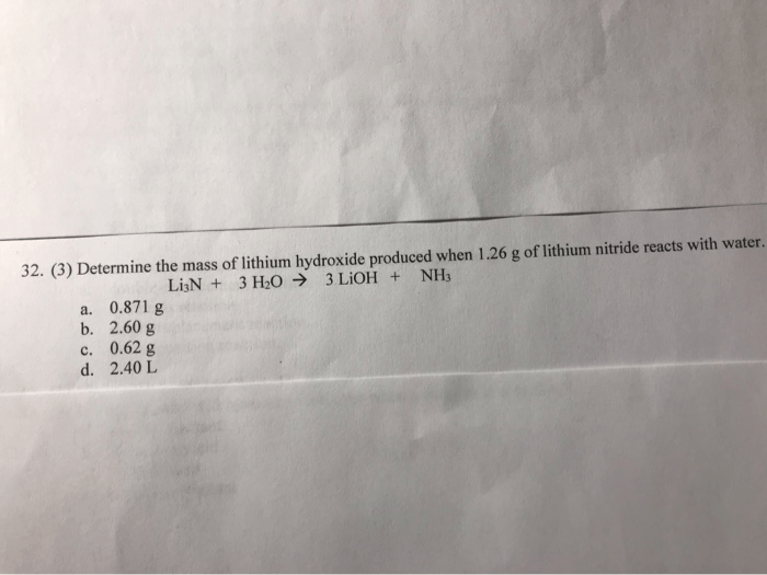 Determine the mass of lithium hydroxide produced when 0.38 grams